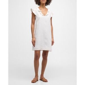 Finley White 100%‎ Linen Ruffle V-Neck Flutter Sleeve Shift Dress Lined  S New